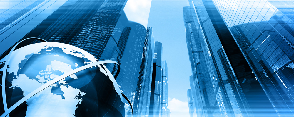 office buildings and a globe